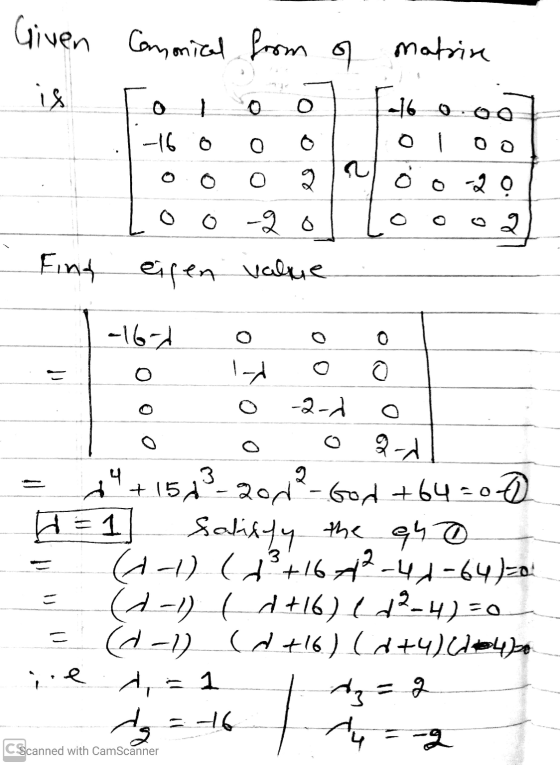 Given Camonical from of marrin is rol oo 16 .007 11-16 0 0 1 1000 10.00 2140 o 20 Loo -20 Looo2 Find eigen value 1 -16-1 oool
