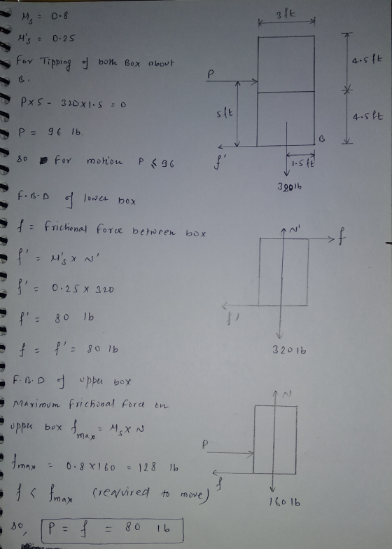 Ms = 0.8 aft Ms = 0.25 for Tipping of both Box about 4.5ft P B. PXS - 32x1.S=0 sft 4.5lt P = 96 lb. v SO for mohon P96 f Li
