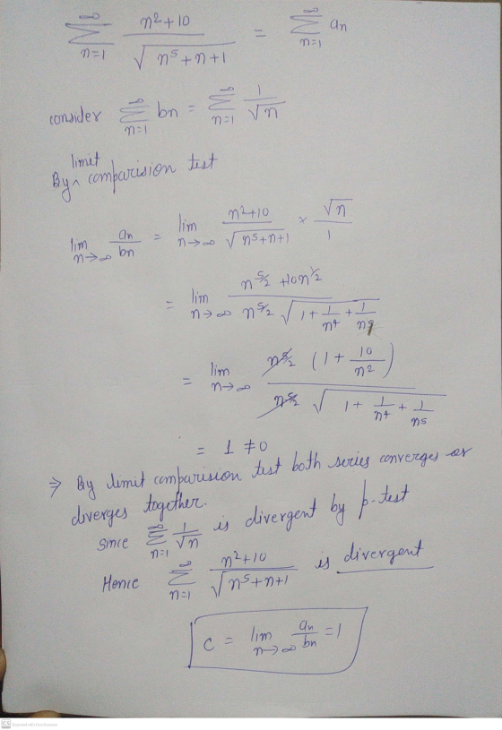 n2+10 an EM n+ntl consider Z bn n=1 ก:| limit test Byn comparision Tim n2+10 n+1+1 an lim n bn n Hon lim non ſittt I no ng 10