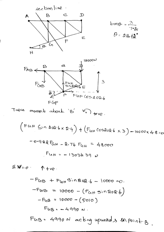 hection li no 7.8 C) l000ON 10 2 FAD 3 Fo F(SF Take moment about B v. ve -Fuß 10000-(Solo) OAC
