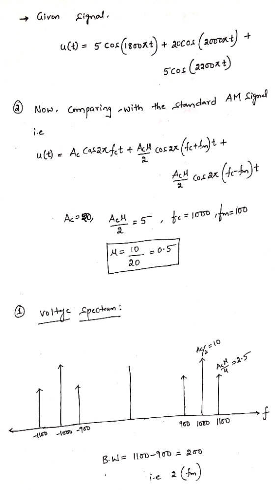 → Given signal u(t) = 5 cos(1800at) + 2000s (2000xt) + - 5cos (22002t) 2 Now, comparing with the standard AM signal je ult) a