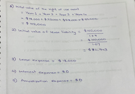 1) initial value of the right of use asset = Year 1 + Year 2 + Year 3 Year 4 = $18,000 + $ 23,000 + $28,000 + $ 33,000 = $ 10