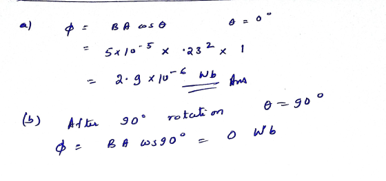 e) $ : BA Cos A20° = 5x10-5 x 232x i - 2.9x10-6 Wb After - goo rotation o=goo B W390° 0 W6