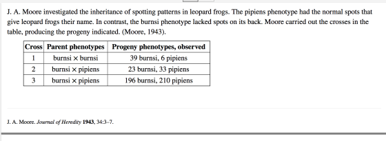 J. A. Moore investigated the inheritance of spotting patterns in leopard frogs. The pipiens phenotype had the normal spots th