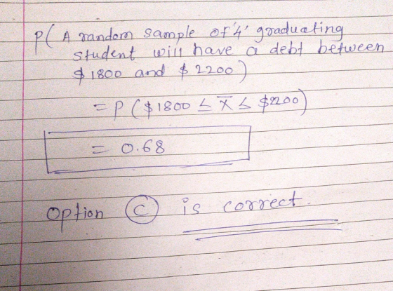 PL A random sample of 4 graduating student will have a debt between $ 1800 and $ 22001 =P ($1800 - K 5 $2200) = 0.68 Option