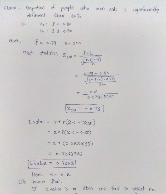 Claim own cats is significantly Pooportion of people who different than 80% Ho: S = 0.80 Hi : 8 7 0.80 ie Giren, § = 0.79 na