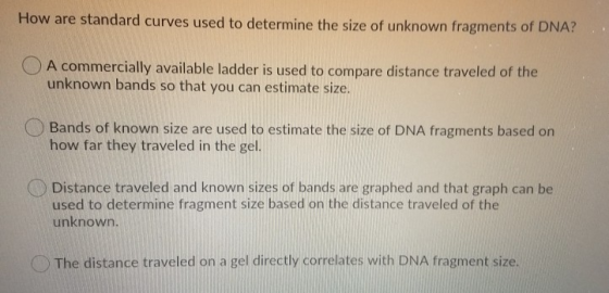 How are standard curves used to determine the size of unknown fragments of DNA? A commercially available ladder is used to co