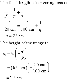 The focal length of convering len 20 cm 100 cm q q 25 cm The height of the image is 25 cm 100 cm = (6,0 cm)C = 1.5 cm