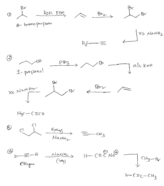 KoH,Et BY 2- bomo pro Pa XS NaNH OH PB2 BY alc kou 1- poanol BY Xs NaN H H3CECH Exeag NANH C3 NaNHz CH3- H-CECCH3 е
