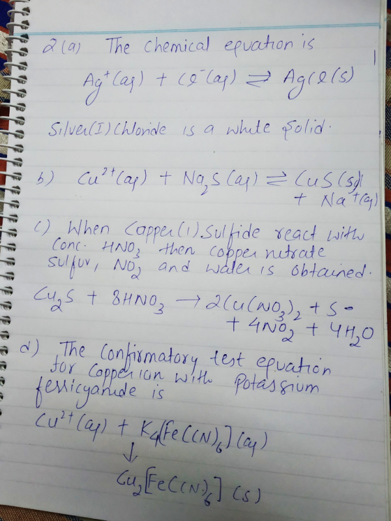 L LELLLILLA 2 (a) The chemical equation is Agt (aq) + cé cap) Agre(s) Silver(I) chloride is a white polid b) Cu²+ (ap) + Nas