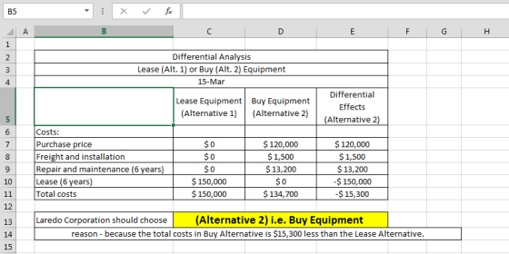 B5 В А C E Н 1 Differential Analysis 2 Lease (Alt. 1) or Buy (Alt. 2) Equipment 3 15-Mar 4 Differential Lease Equipment Buy E