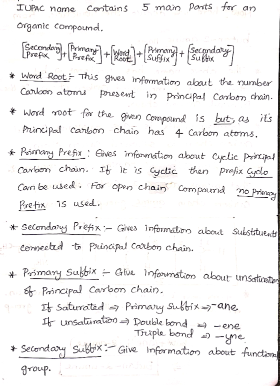 5 main porsts for an IUPAC name Contains Organic compound. Secondary Poiman LPrefix J7 Prefix 1+ Word ord. Root + Boma Suffix
