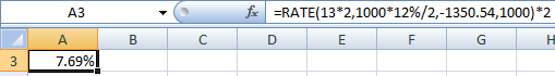 A3 fic A B =RATE(13*2,1000*12%/2,-1350.54,1000)*2 D E F G H C 17.69%!
