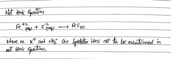 Net ionic Equation fe to y + 5 Lag - Pesis) where as kt and alos are Spectator ions not to be mentioned in net ionic Equation