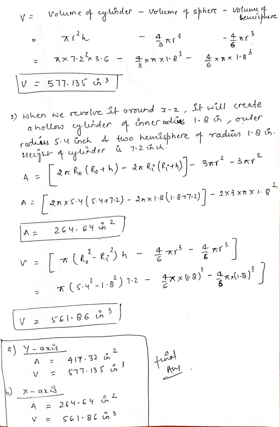 va Volume of cylinder ar²n volume of sphere - volume of Shemisphere 3. 3 460 ar Ar 6 3 3 ax7.2²3.6 ax1.83 X7X **** 118 U V =
