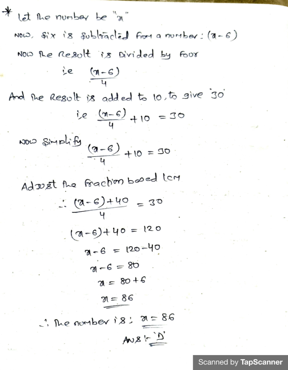 * let the number be N Now, six is subloaded from a number: (2-6) Now the result is divided by Four ie (1-6) 4 And the resul