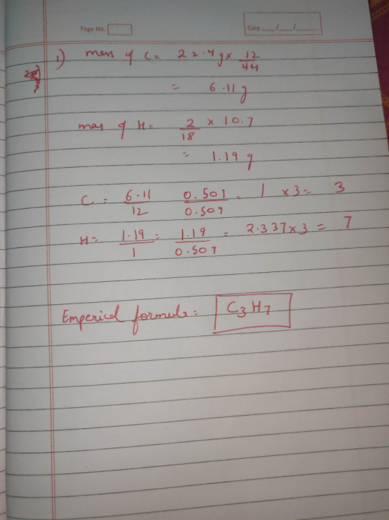 Date 1 Page No. O mars of C₂ 22.4gx 12 = 6.11g may the 2* 10.7 18 1.194 6-11 x3. 3 0.501. 0.509 12 H: 1:191.19 = 7:337x32 0.5