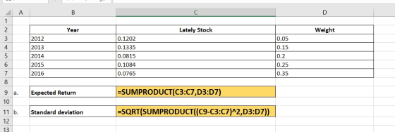A В D Lately Stock Weight Year 0.1202 0.05 2012 0.1335 2013 0.15 2014 0.2 0.0815 0.1084 2015 0.25 0.0765 0.35 2016 -SUMPRODUC