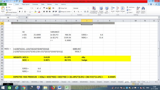 OPTIMAL RISKY PORTFOLIO VC AMORT SINKING JORDAN - Microsoft Excel (Product Activation Failed) Data Review View Add-Ins File H