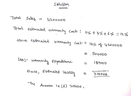 solution Total sales = 4200000 Total estimated warranty costs: 2% +4% +6% = 12% Hence estimated warranty cost = 12% of 420000