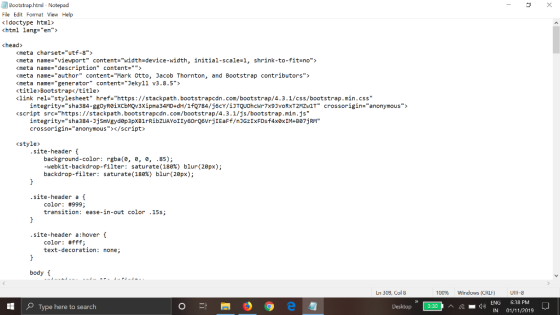 Bootstrap.html - Notepad File Edit Format View Help <I doctype html> <html lang=en> <head> <meta charset=utf-8> <meta nam