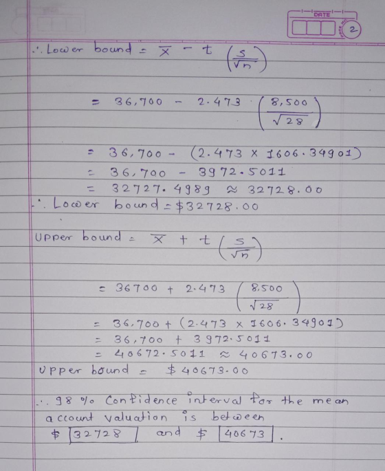 DATE .. Lower bound 10 X - t (m) 36,700 2.473 8,5oo √28 36,70o - (2.473 X 1606. 34901) 36, 700 3972.5011 32 727. 4989 32 72 8