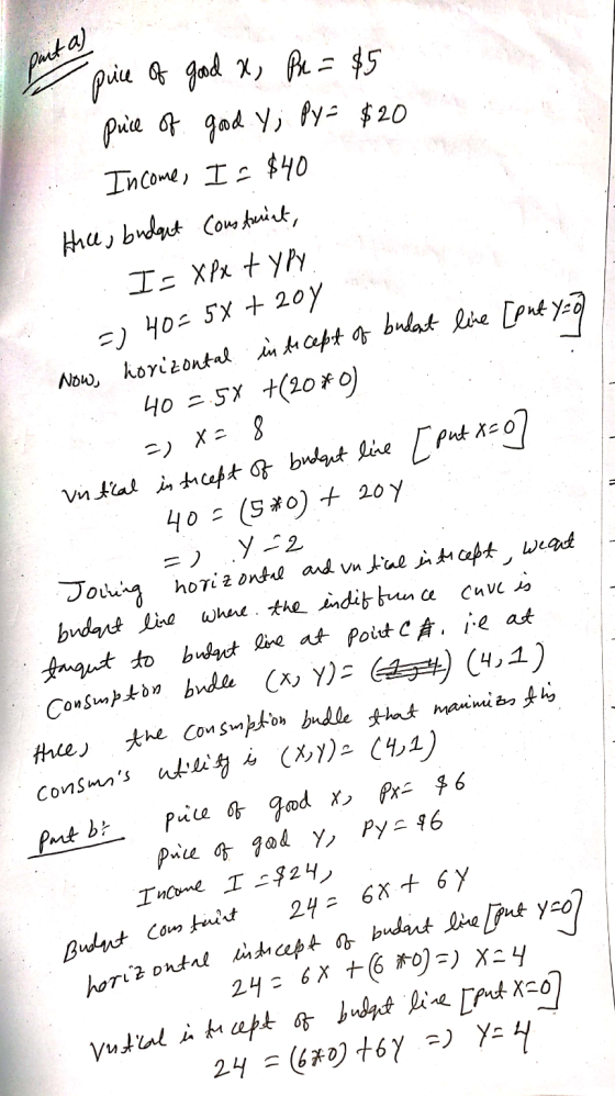 horizontal intocept of budent live [put y=0/ pait a) ) pice of good x, Pe = $5 puce of good. Y; Py = $20 Income, I = $40 thee