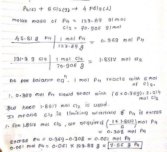 P416) + G G/2(90 4 Poloch) molao mass of P4 = 123.89 g/mol G12 = 70.906 g/mol 0.369 mol PH 45.81 g PH | I molPH - | 123.89 g