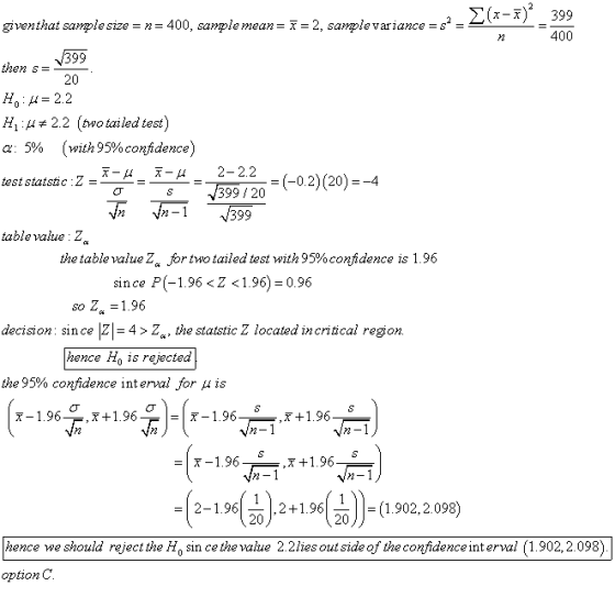 giventhat sample size = n = 400, sample mean = 7 = 2, sample variance = sa = 2 200 then s= V399 20 H,:4 = 22 ¥1:47 2.2 (two t