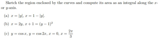 Sketch the region enclosed by the curves and compute its area as an integral along the e- or y-axis. (a) 1 = \y, r = 1 - \yl.