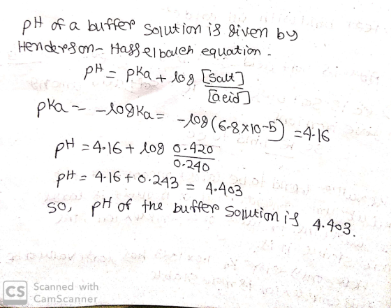 pH of a buffer Solution is iven by Hendey8on- Maggel boleh equation PH-Pkao8 Salt oeid tifou -Jo9 (6-810-5 4-16 pH 4-16+ log