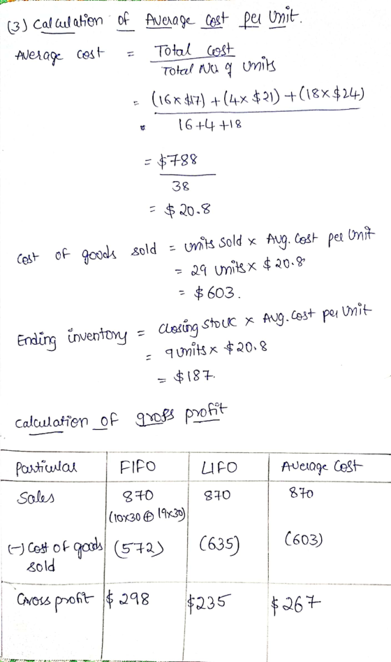 (3) Cal cilation of Average cost per unit. Average cost Total cost Total No q units (16* $17) +(4x $21) +(18$24) 16+4 +18 = $