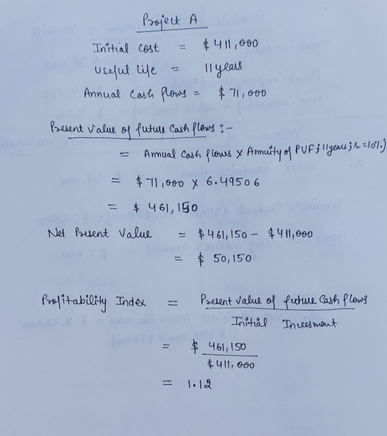 Projet A $411000 Initial Cost 1yeas Ulul lile Annual Cash Plew! t $71/000 Present Value ot futuu Cash lows - Anmual Cash flow