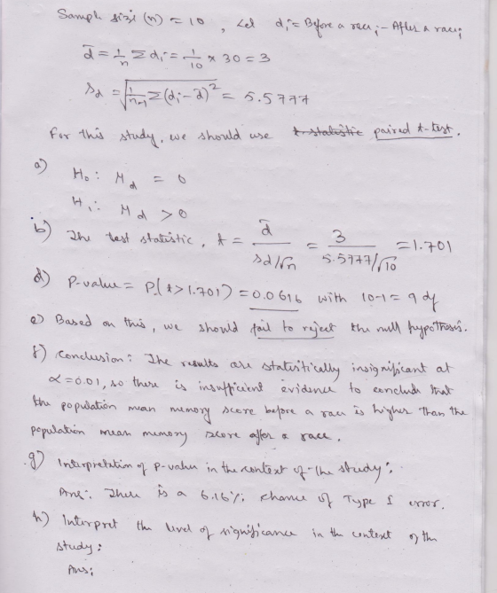 2 Sample size (n = 10 Lel dia Before dira Before a race - After a raun a = + zdi= - +30=3 sa fiz (:- 2)2 = 5.5717 for this st