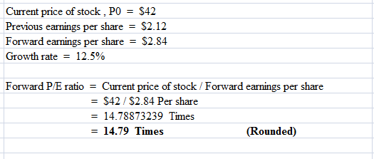 Current price of stock, PO = $42 Previous earnings per share = $2.12 Forward earnings per share = $2.84 Growth rate = 12.5% F