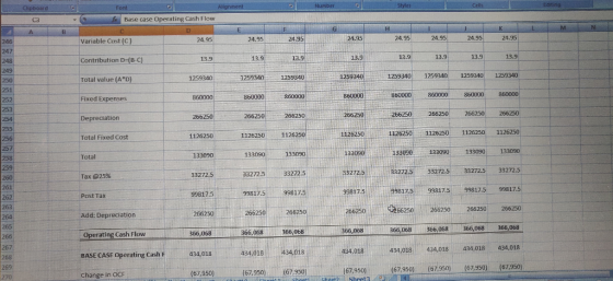 Clipboard Font Alignment f Base case Operating Cash Flow G Variable Cost (C) 24.95 24.95 24.95 24.95 24.95 24.95 24.95 24.95
