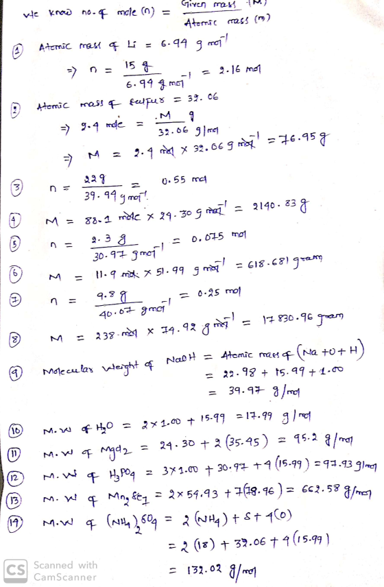 Giren mass AM ve I c rte Knoce no.mole n) = Aterric mass (m) Atomic mass of h = 6.94 g noi! => n = 154 -} = 9.16 mol 6.94 & m