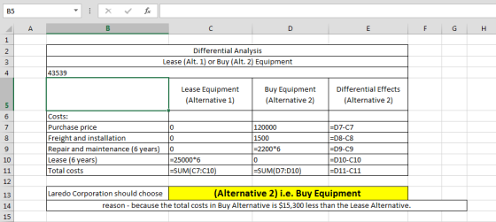 В5 А C D Е F G Н 1 Differential Analysis 2 Lease (Alt. 1) or Buy (Alt. 2) Equipment 43539 4 Lease Equipment Differential Effe