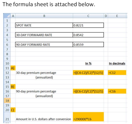 The formula sheet is attached below. C D E SPOT RATE 0.8221 30-DAY FORWAARD RATE 0.8542 90-DAY FORWARD RATE 0.8559 In % In de