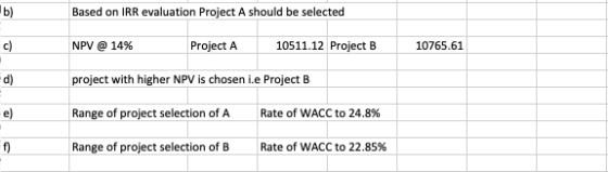 Based on IRR evaluation Project A should be selected NPV @ 14% Project A 1 0511.12 Project B 10765.61 project with higher NPV