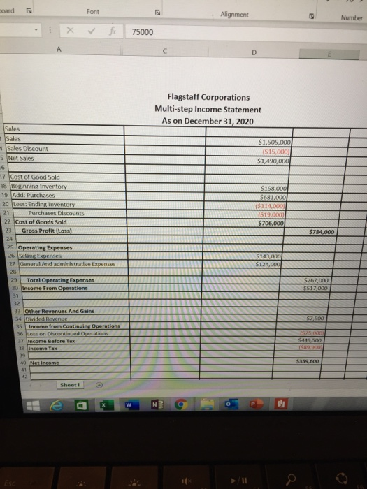 board Font Alignment Number 75000 Flagstaff Corporations Multi-step Income Statement As on December 31, 2020 Sales Sales Sale