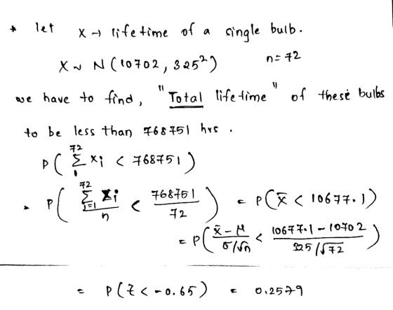 let x - lifetime of a single bulb. XN N (10702, 3252) n=72 1 11 we have to find, Total lifetime of these bulbs to be less tha