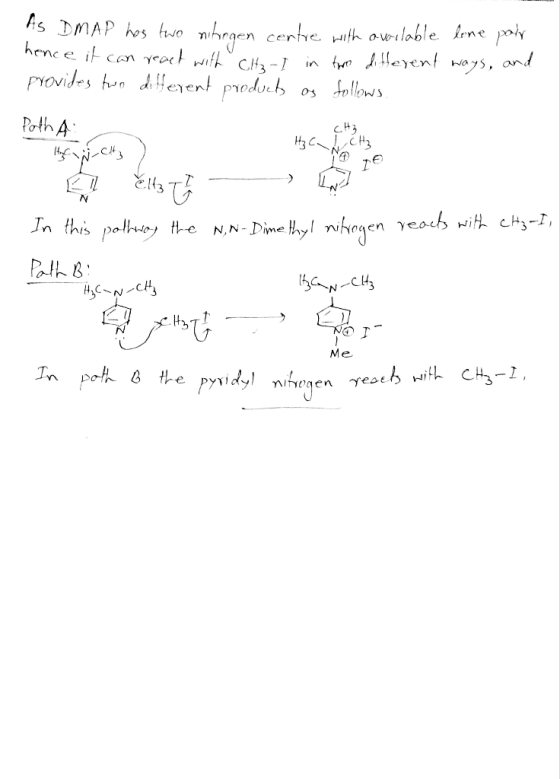 As DMAP has two nitrogen centre with overilable lone pole hence it can react with CH2-I in two different ways, and provides t