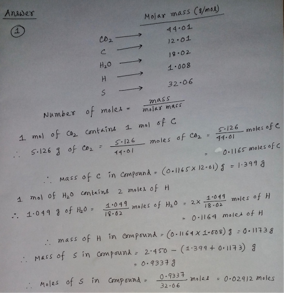 Ansser Molar mass C8/mas) 44.01 12.01 H20 1.008 H 32.06 mass molar mars of moles Number 1 mol f C 1. mol of Co Cantains S.126