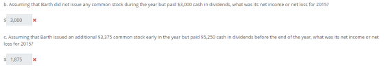 b. Assuming that Barth did not issue any common stock during the year but paid $3,000 cash in dividends, what was its net inc