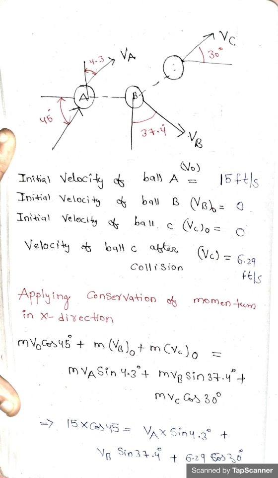 Vc VA 309 4.3 46 Velocity of balla after (Vo) = 6.29. (Vo) ball 15fts Initial Velocity 6 Initial Velocity B Nebo= 0 Initial v