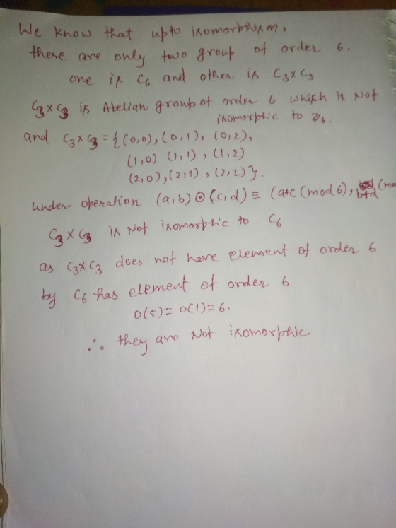 We know that up to isomorbhim, there are only two group of order 6.0 one is co and other is C₂ X Cz Cz xq is Abelian group of
