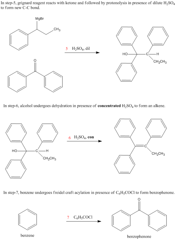 In step-5, grignard reagent reacts with ketone and followed by protonolysis in presence of dilute H2SO4 to form new C-C bond.
