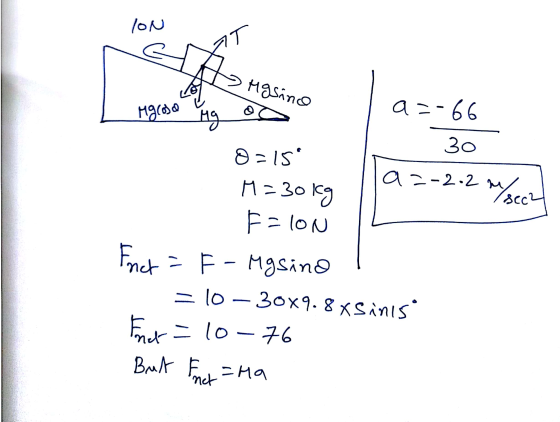 ION AT HD Masino 2 - 30 m /sec2 Megrosa Mg og a=-66 8=159 a=-2.2 H=30kg Falon Fnct = F - Masino = 10 – 30X9.8 X siniso Encet