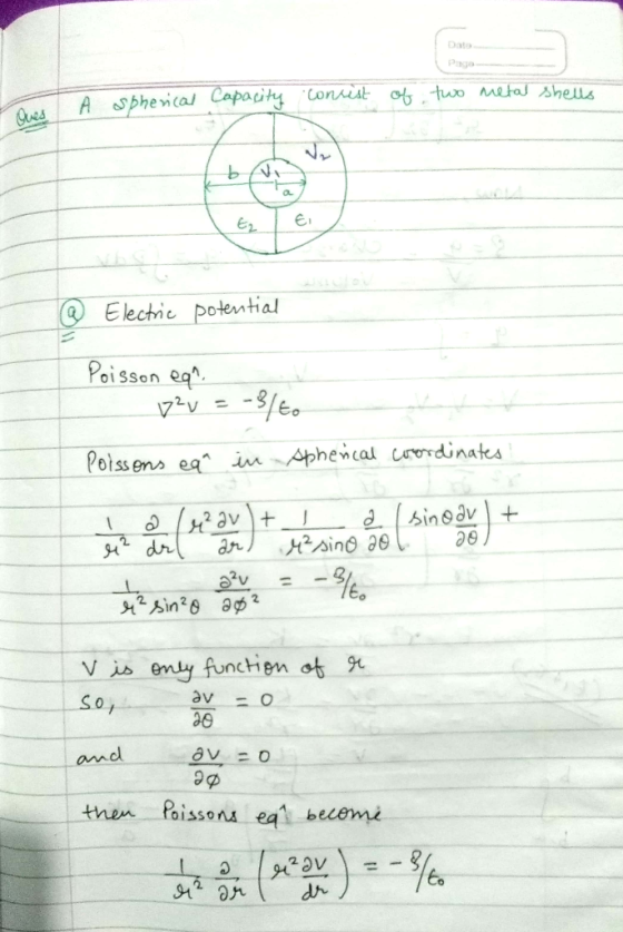 Data Paga A Sphevical Capauty Consist oftuo eta shells Oues bA E2 Electric potential Poisson eq Poissens ea im Aphencal crord